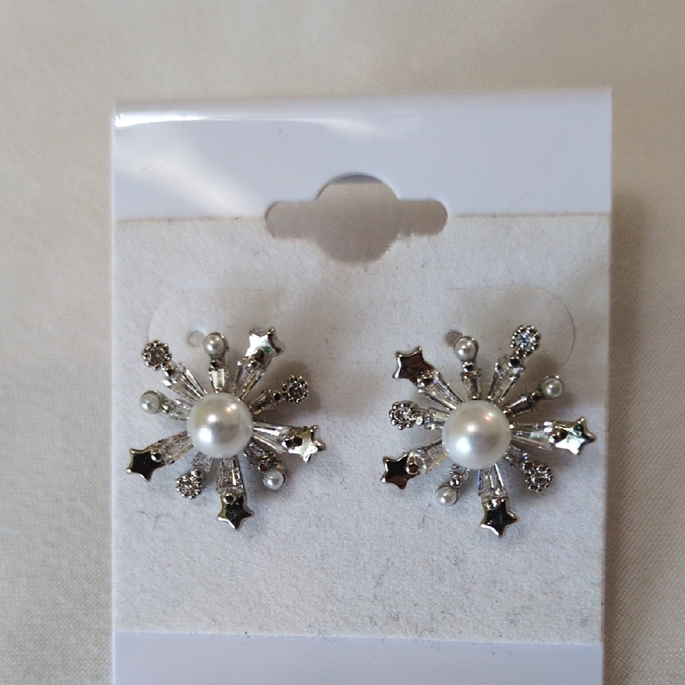 Delicate Silver Pearl And Crystal Starburst Earrings